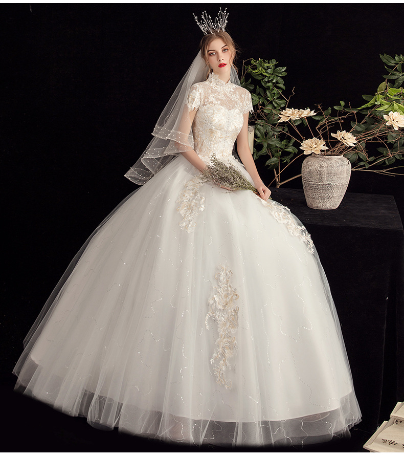Wedding Dresses 2025High Neck Short Sleeve Appliques Lace Beading Pearl Sequins